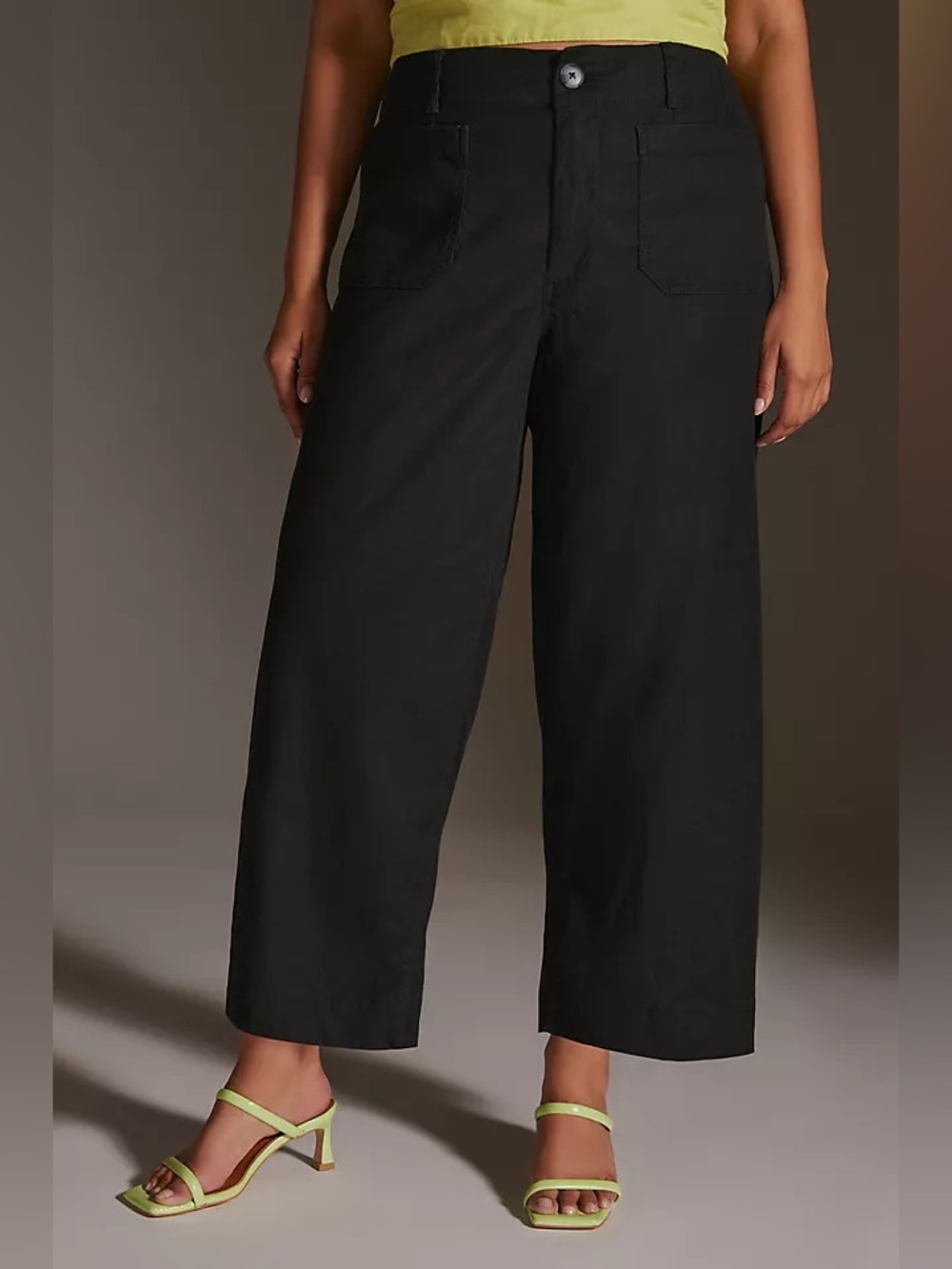 Maeve Anthropologie Colette Linen Cropped Wide Leg Pants 18W Black High Rise